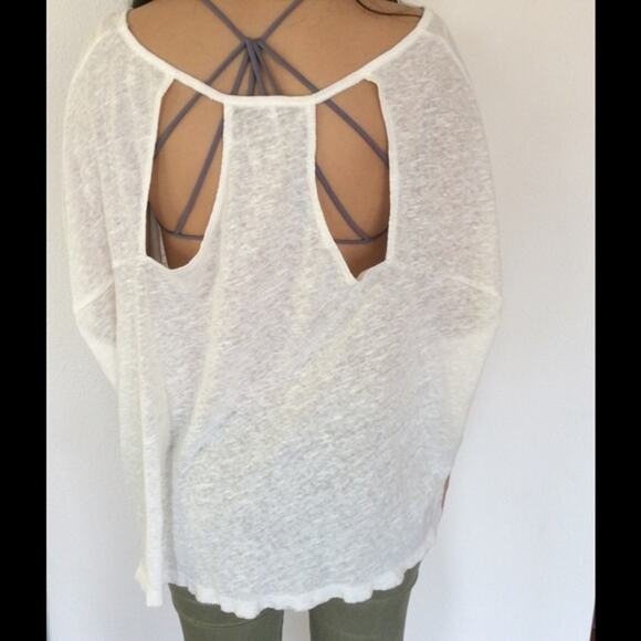 Free People Slouchy Cropped Oversized Linen Blend Cream Tee Shirt Sz Small - Picture 2 of 8